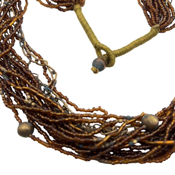 Handmade Multi-Strand Brown Seed Bead Necklace Metal Accents Heavy Patina Boho - Picture 3 of 10